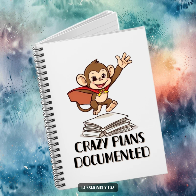 Funny Hero Monkey Notebook: A mischievous monkey in a cape leaps over documents, inspiring heroic planning with humor.