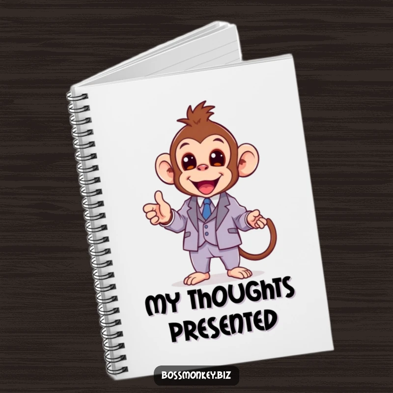 Funny kawaii monkey in a miniature suit enthusiastically giving a presentation, a notebook for planning presentations.