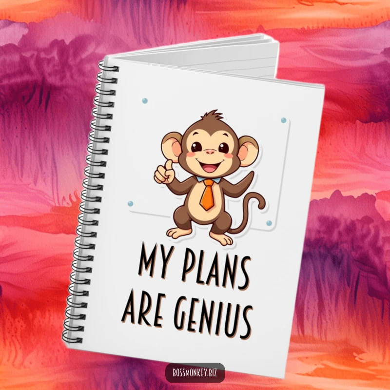 Funny kawaii monkey in a tiny tie triumphantly pointing at a whiteboard, a notebook for capturing brilliant ideas.