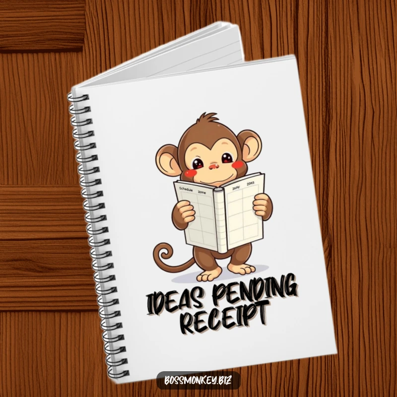 Funny kawaii monkey holding a large, empty schedule book, looking overwhelmed, a notebook for jotting down busy schedules.
