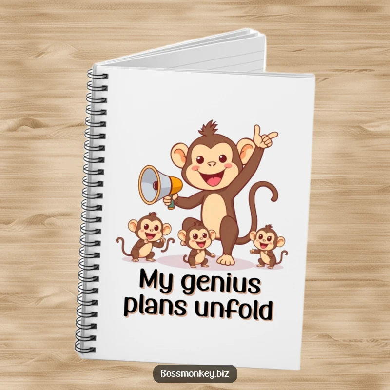 Funny Monkey Planner Notebook: Cheerful monkey with megaphone directing smaller monkeys, a humorous tool for notes and plans.