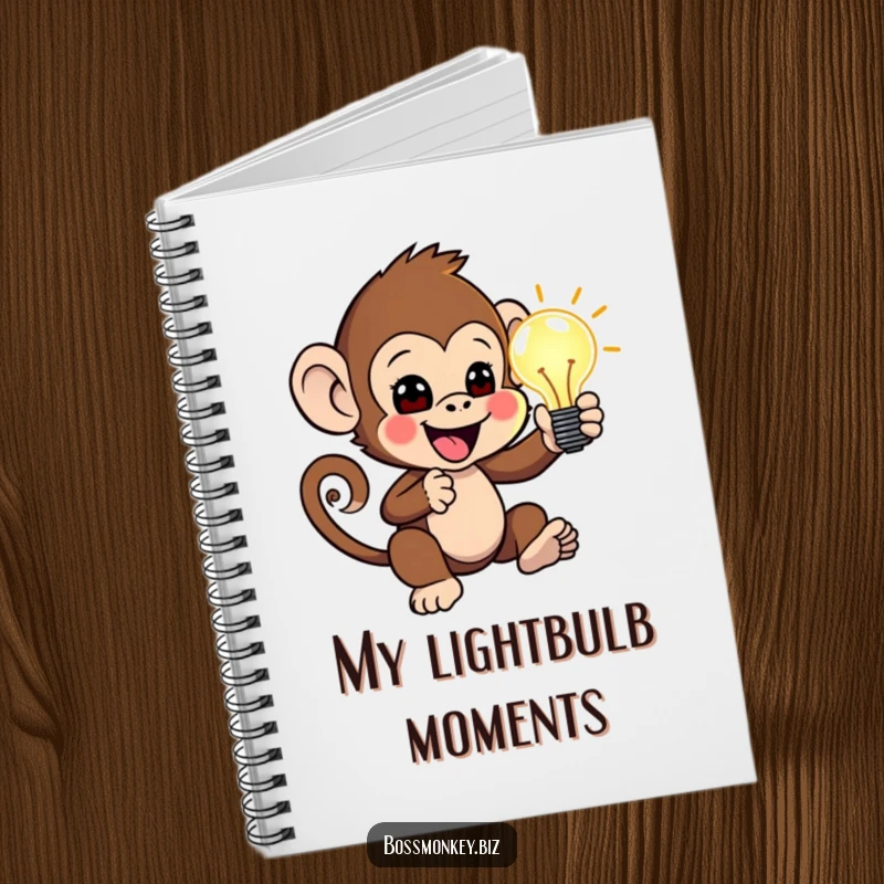 Funny Idea Log Notebook: Little monkey enthusiastically presenting a glowing idea lightbulb, humorous journal for capturing ideas.