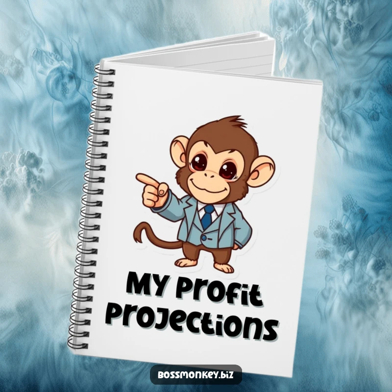 Funny Business Monkey Notebook: A determined monkey in a suit authoritatively points at a graph, inspiring goal-setting with a humorous touch.