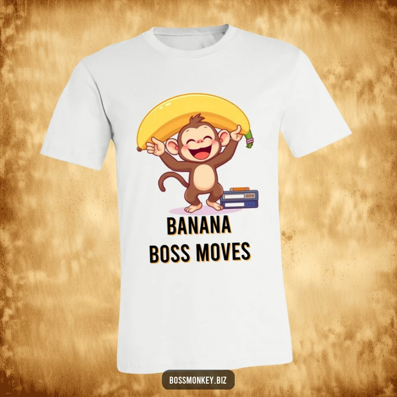 Funny Banana Monkey Desk T-Shirt: A delighted monkey balances a giant banana on its head on a desk, showcasing a funny, precarious feat.