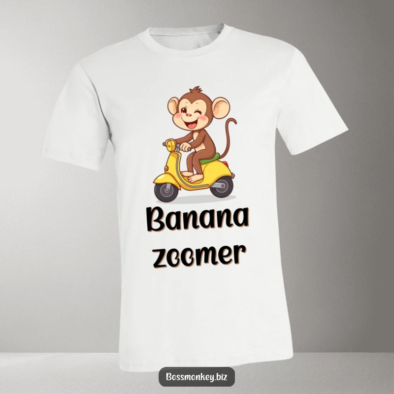 Funny Banana Rider Monkey T-Shirt: Playful monkey gleefully riding a banana like a scooter, a humorous and fun design.