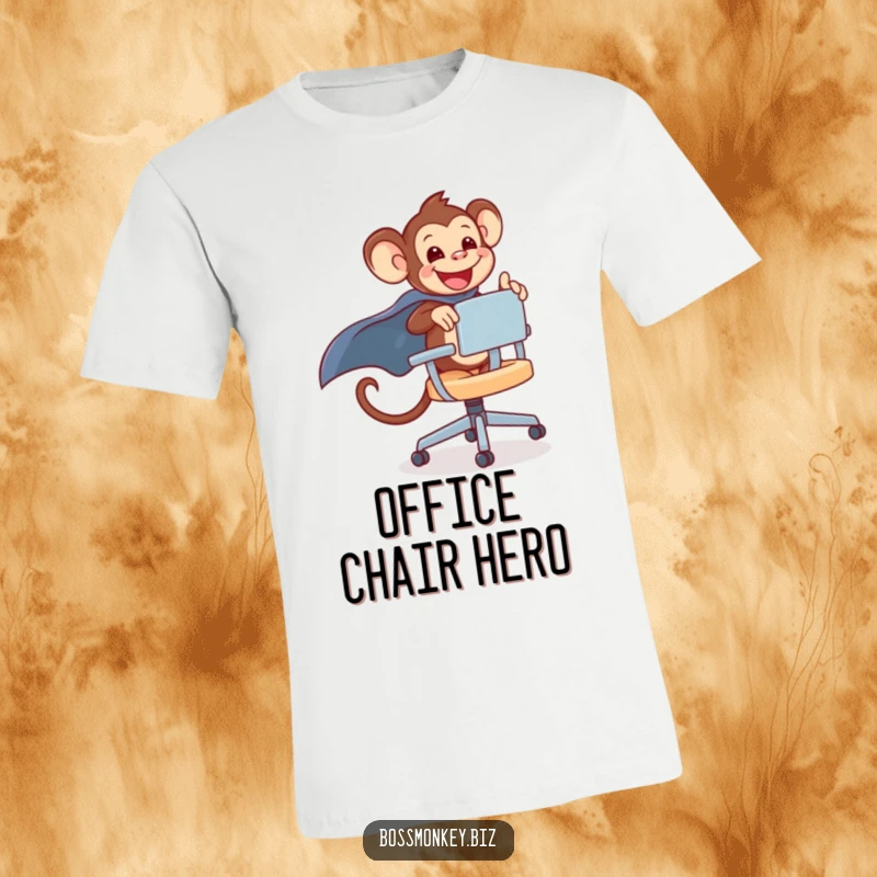 Funny kawaii monkey gleefully riding a rolling office chair with a cape, a t-shirt for office adventurers.