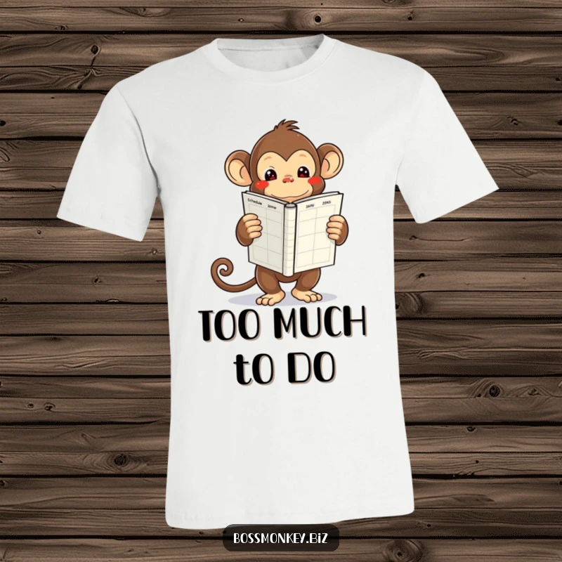 Funny kawaii monkey holding a large, empty schedule book, looking overwhelmed, a t-shirt for relatable stress.