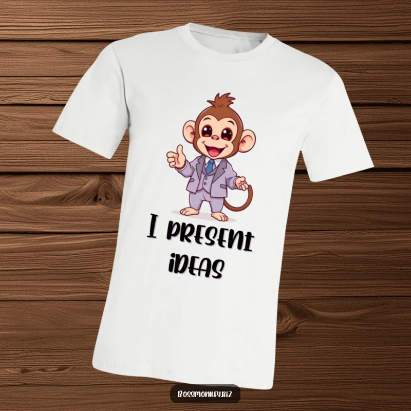 Funny kawaii monkey in a miniature suit enthusiastically giving a presentation, a t-shirt for confident speakers.