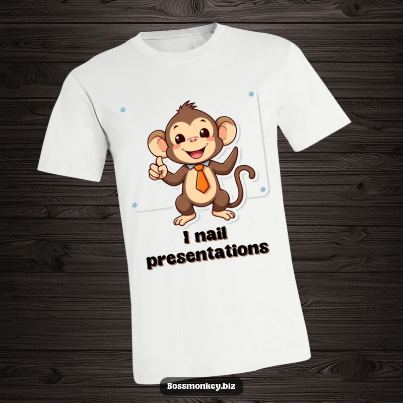 Funny kawaii monkey in a tiny tie triumphantly pointing at a whiteboard, showcasing brilliant ideas on a t-shirt.