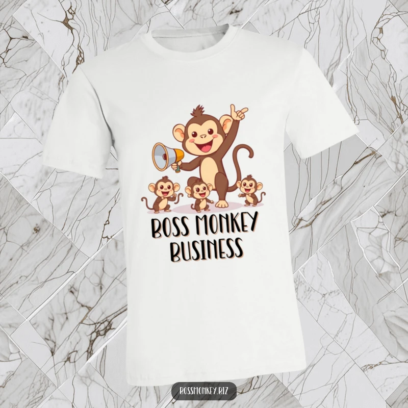 Funny Monkey Leader T-Shirt: Cheerful monkey with megaphone directing smaller monkeys, showcasing humorous leadership.