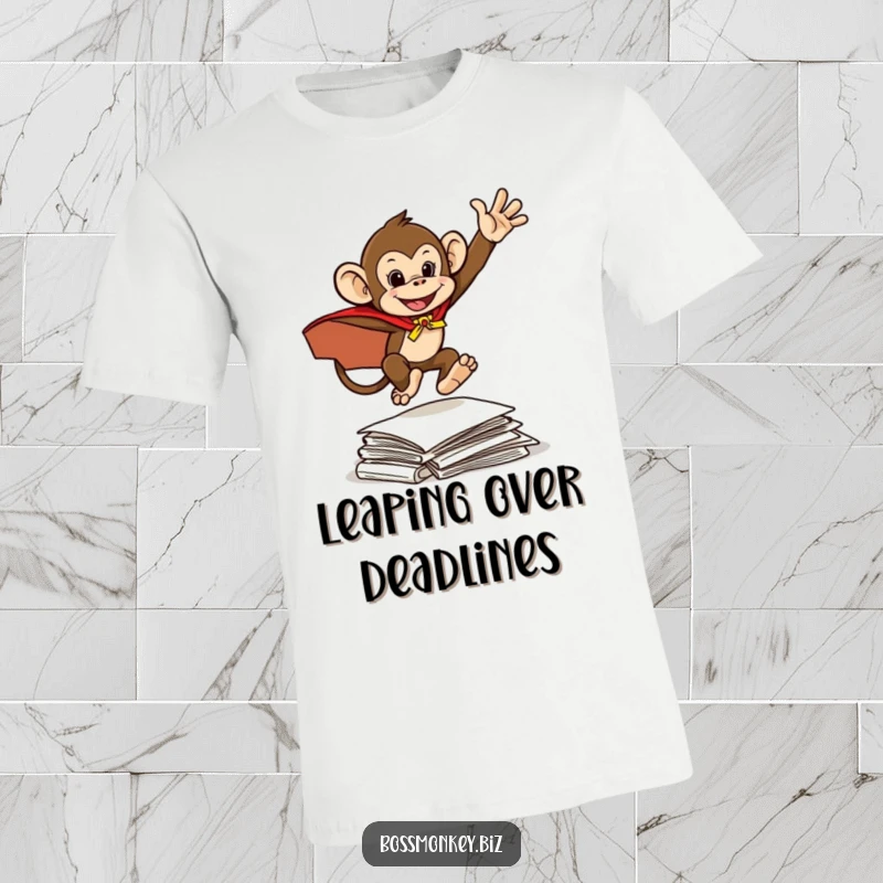 Funny Hero Monkey Cape T-Shirt: A mischievous monkey in a cape leaps over documents, portraying a funny, heroic attitude towards work.