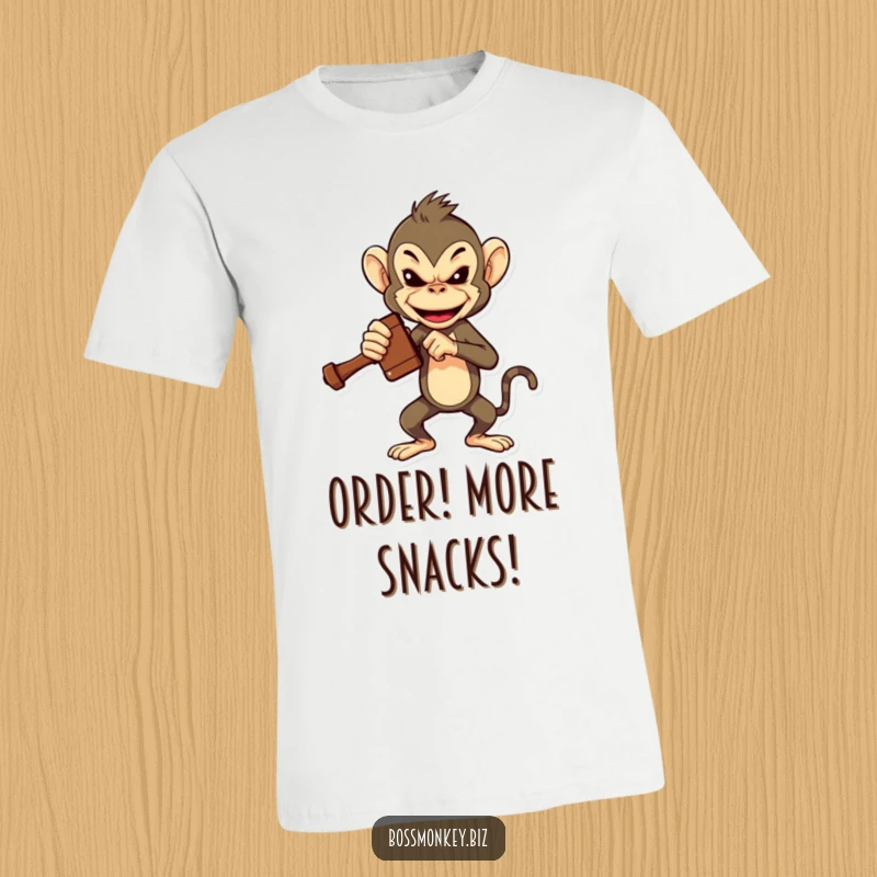 Funny Boss Monkey Gavel T-Shirt: A bossy monkey slams a miniature gavel, symbolizing decisive and humorous pronouncements.