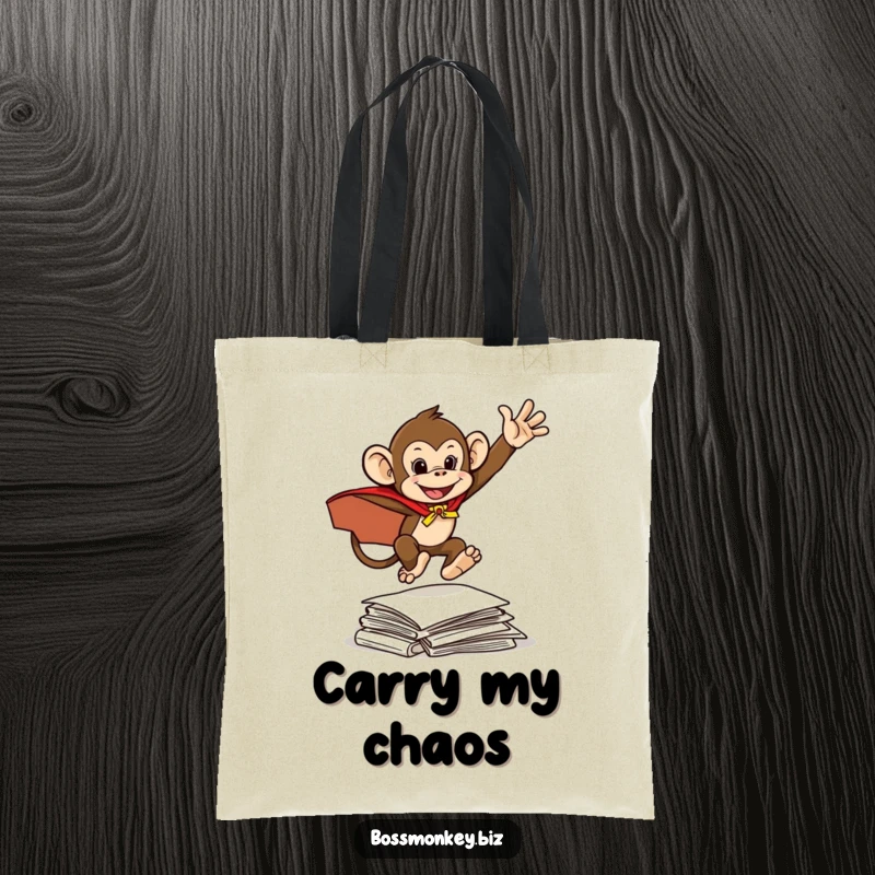 Funny Hero Monkey Tote Bag: A mischievous monkey in a cape leaps over documents, humorously depicting a superhero tackling tasks.