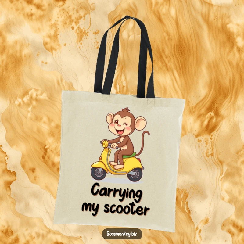 Funny Banana Commute Tote Bag: Playful monkey gleefully riding a banana like a scooter, a humorous and functional tote.