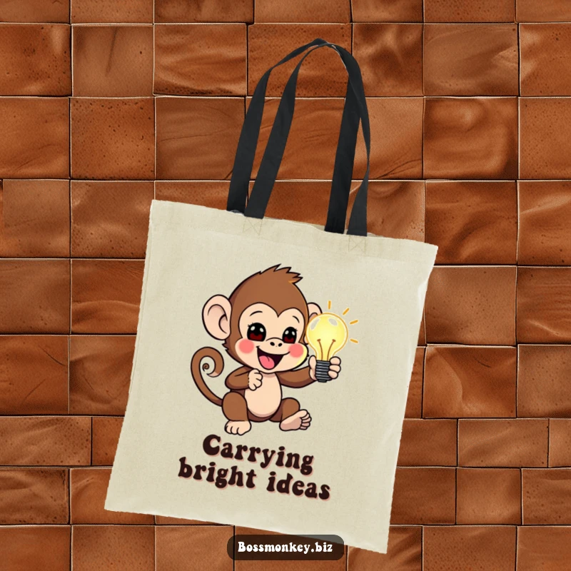 Funny Idea Keeper Tote Bag: Little monkey enthusiastically presenting a glowing idea lightbulb, a humorous and functional tote.
