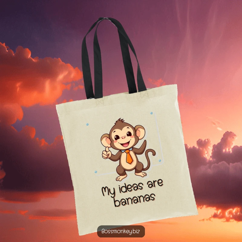 Funny kawaii monkey in a tiny tie triumphantly pointing at a whiteboard, a durable tote for carrying ideas.